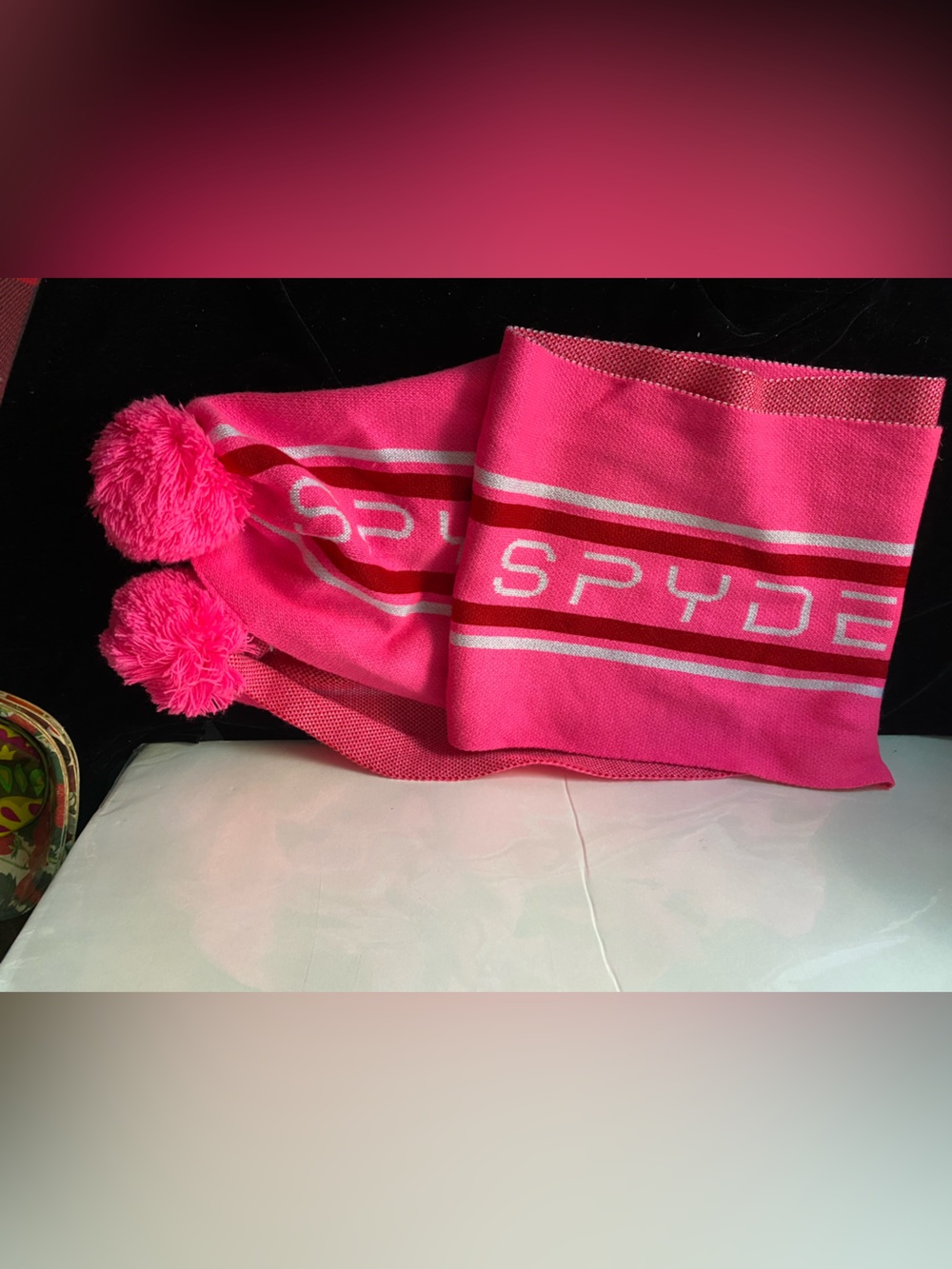 Spyder Pink and Red Scarf with Pom Poms